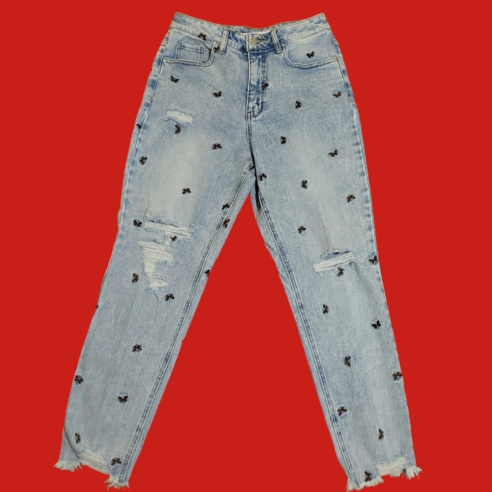 Tinseltown Butterfly Embroidered Distressed Jeans